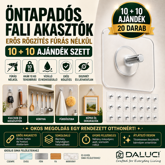 10 + 10 AJÁNDÉK Extra Erős Öntapadós Fali Akasztó Szett – Akár 10 kg Teherbírás, Fúrás Nélkül