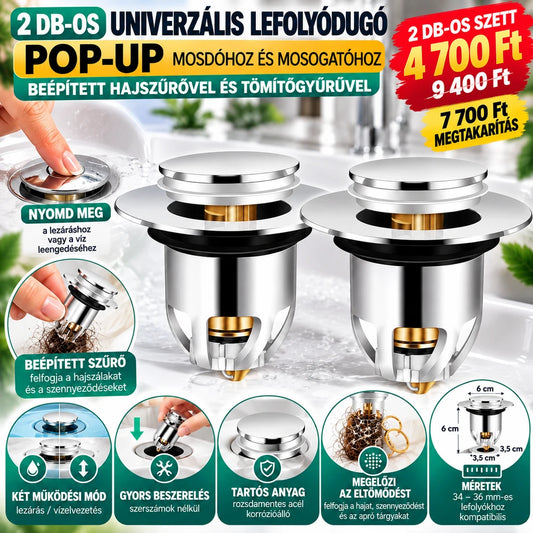 2 db Univerzális Pop-Up Mosdódugó Szűrővel – Hajfogó Szűrő, Click-Clack Mechanizmus, Egyszerű Beszerelés