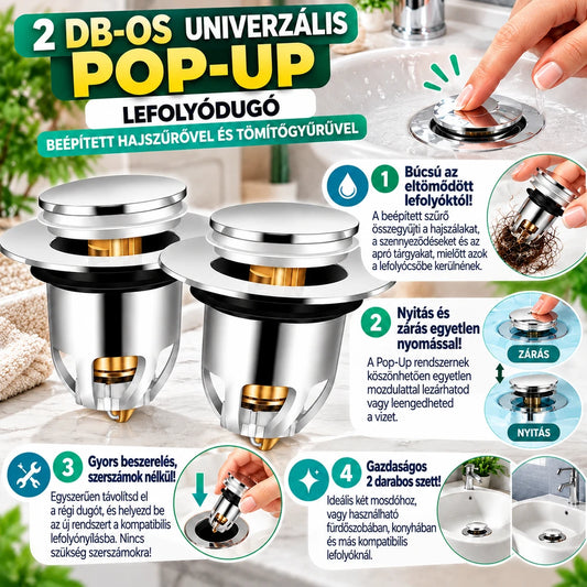 2 db Univerzális Pop-Up Mosdódugó Szűrővel – Hajfogó Szűrő, Click-Clack Mechanizmus, Egyszerű Beszerelés