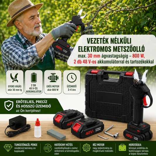Vezeték nélküli elektromos metszőolló készlet 30 mm – 800 W, 2 db 48 V-os akkumulátorral és tartozékokkal