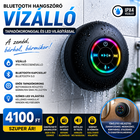 Hordozható vízálló Bluetooth hangszóró tapadókoronggal és LED világítással