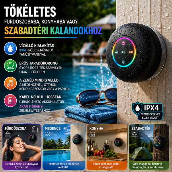 Vízálló Bluetooth Hangszóró Ventuzzal LED-fényekkel