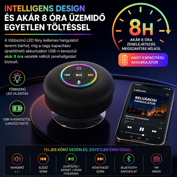 Vízálló Bluetooth Hangszóró Ventuzzal LED-fényekkel