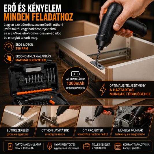 Hordozható 3.6V-os Akkus Csavarozó 47 Darabos Készlettel – USB Töltés, 1300mAh Akkumulátor