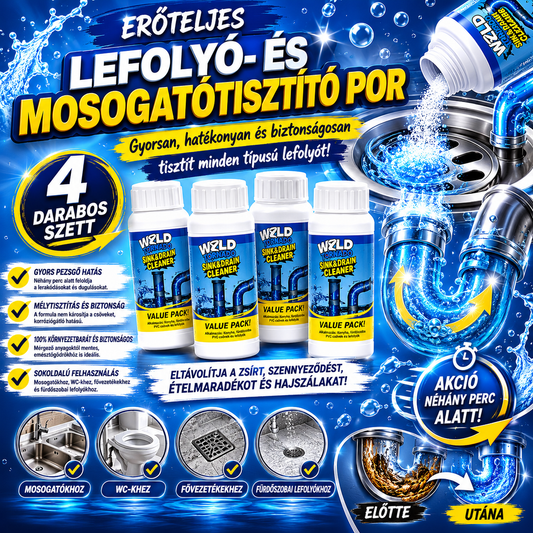 Erőteljes Lefolyó- és Mosogatótisztító Por – 4 Darabos Szett (400g)