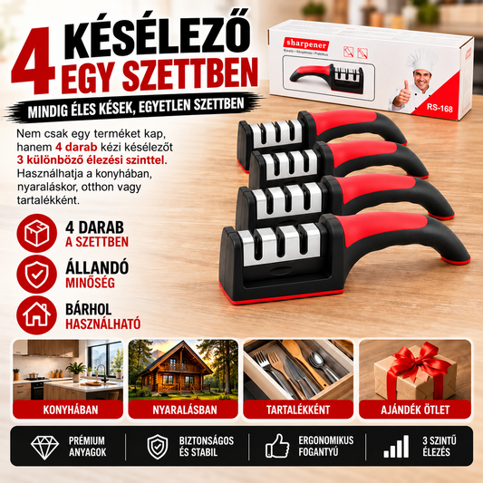 4 db-os kézi késélező szett – 3 fokozatú élezés, ergonomikus markolat, stabil kialakítás, 21 × 5 cm