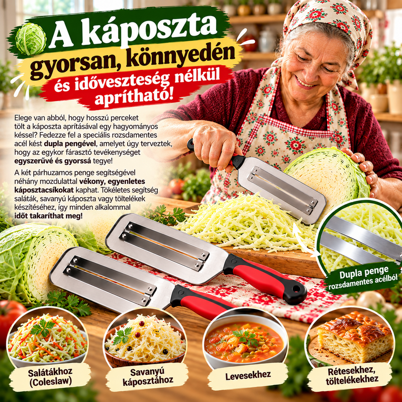 1+1 AJÁNDÉK – Speciális Rozsdamentes Acél Káposztaszeletelő Kés, Dupla Pengével – Gyors, Praktikus és Könnyen Használható!