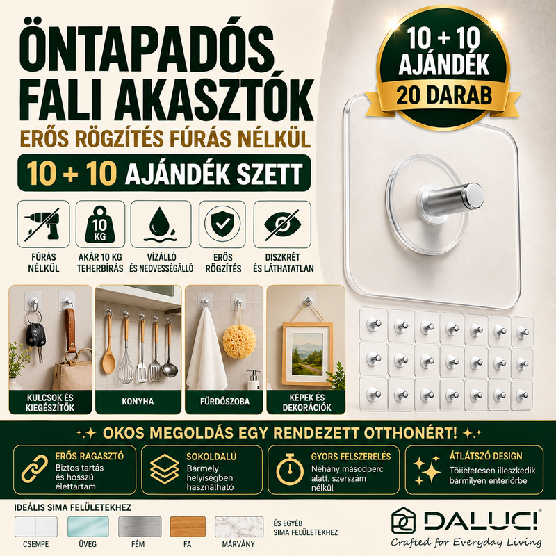 10 + 10 AJÁNDÉK Extra Erős Öntapadós Fali Akasztó Szett – Akár 10 kg Teherbírás, Fúrás Nélkül